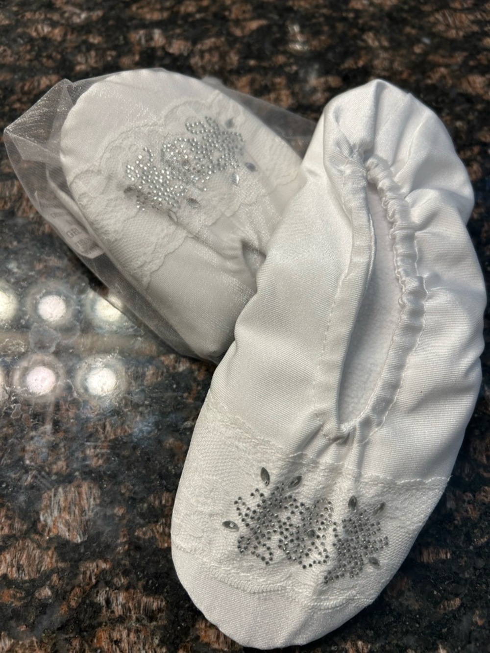David Tutera White Satin Slippers with Silver Rhinestone Detailing